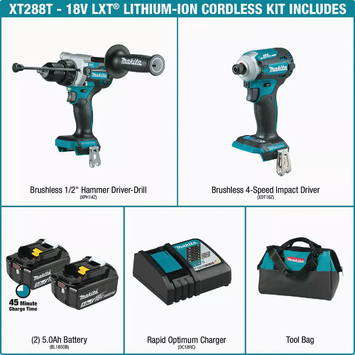Makita 2-Tool 18 Volt LXT Lithium-Ion Brushless Hammer Drill/Driver & 4-Speed Impact Driver Cordless Tool Combo Kit - photo 2