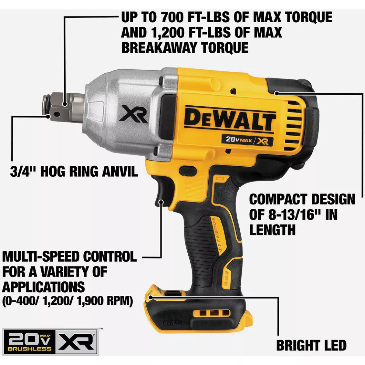 DEWALT 20V MAX XR Brushless 3/4 In. High Torque Cordless Impact Wrench with Hog Ring Anvil (Tool Only) - photo 2