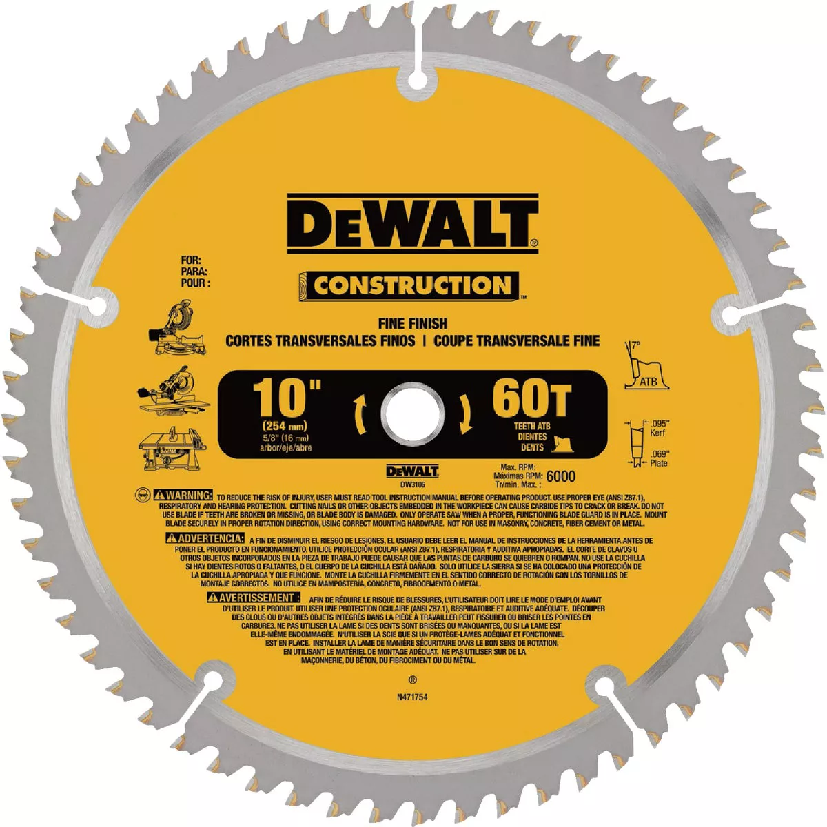 DEWALT 10 In. 60-Tooth Construction Circular Saw Blade