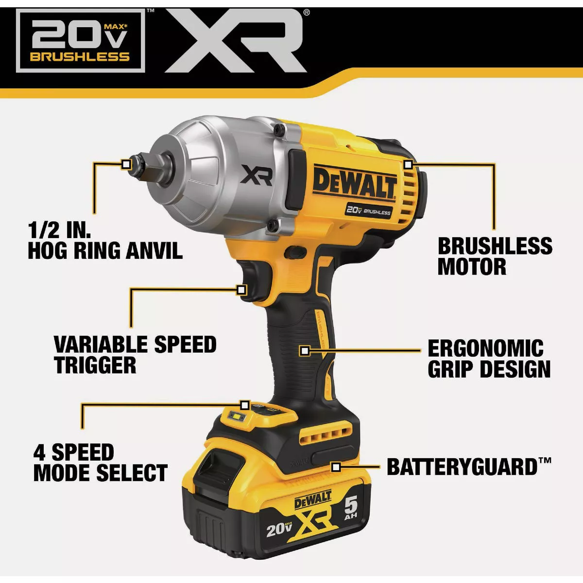 DEWALT 20V MAX XR Brushless 1/2 In. High Torque Cordless Impact Wrench with Hog Ring Anvil (Tool Only) - photo 2