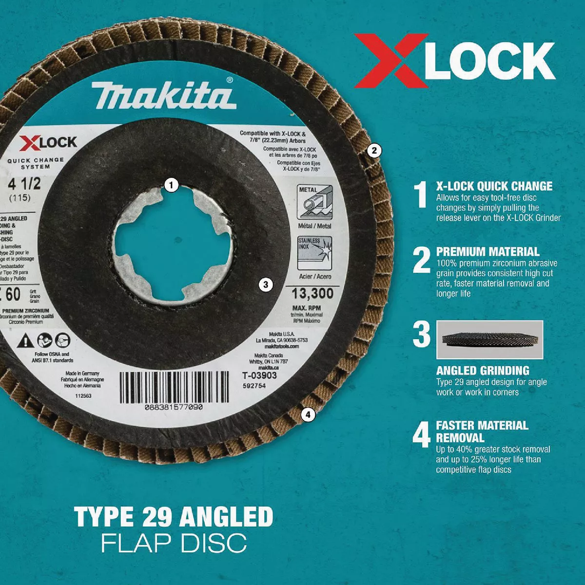 Makita X-LOCK 4-1/2 In. x 7/8 In. 60-Grit Type 29 Zirconia Angle Grinder Flap Disc (3-Pack) - photo 6