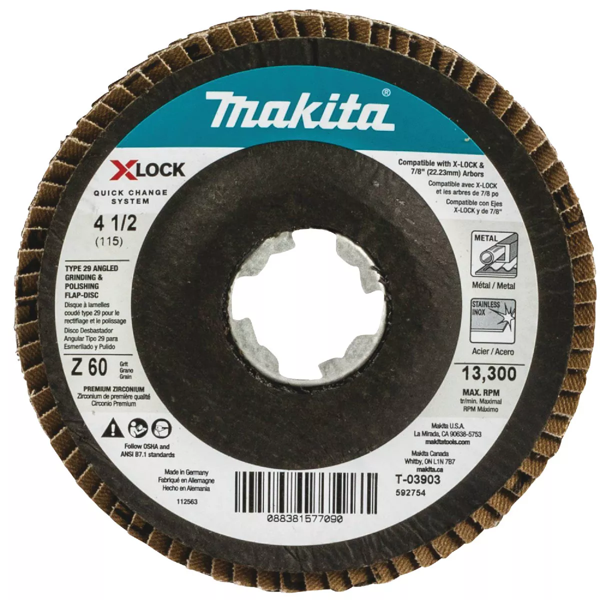 Makita X-LOCK 4-1/2 In. x 7/8 In. 60-Grit Type 29 Zirconia Angle Grinder Flap Disc (3-Pack) - photo 2