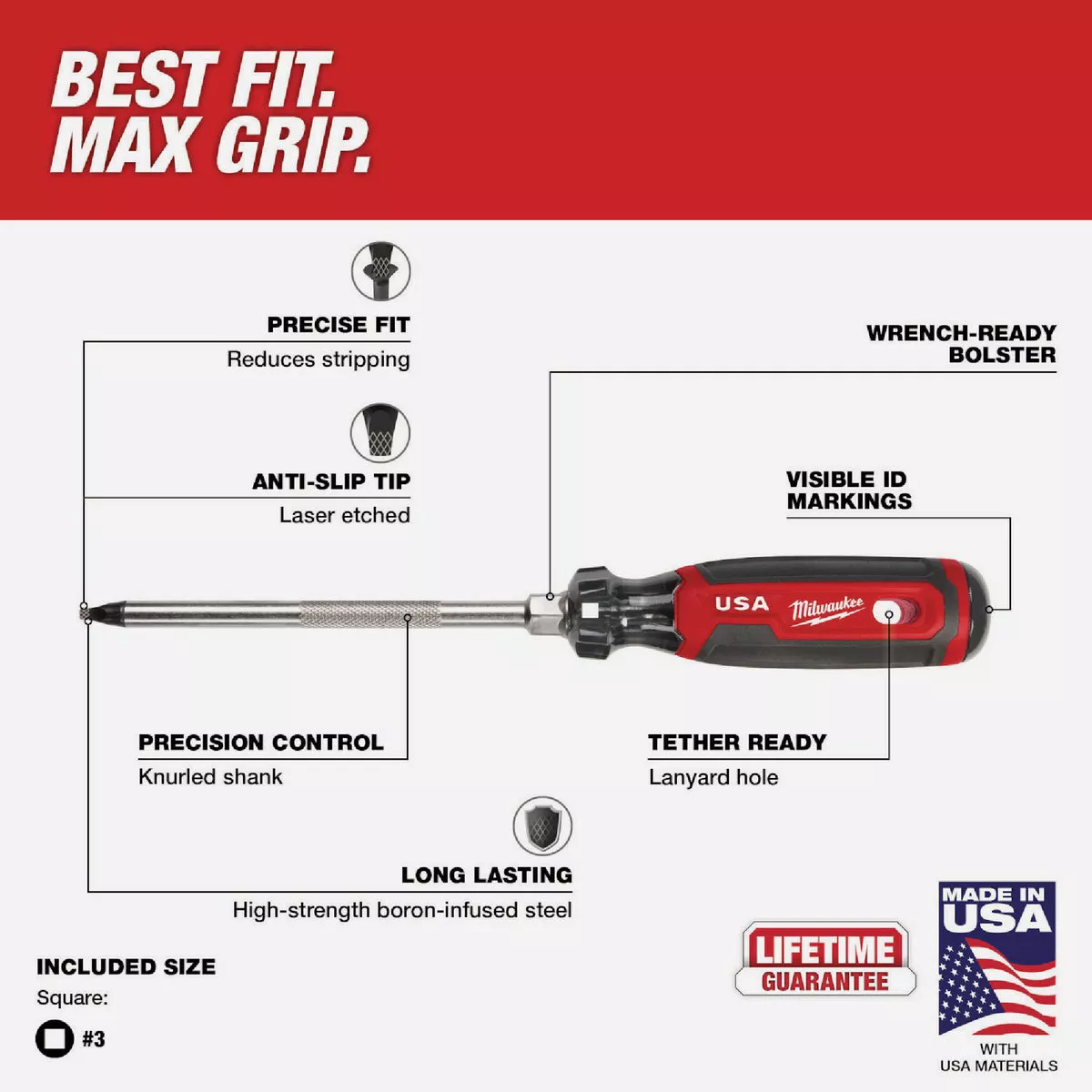 Milwaukee #3 x 6 In. Square Recess Cushion Grip Screwdriver (USA) - photo 5