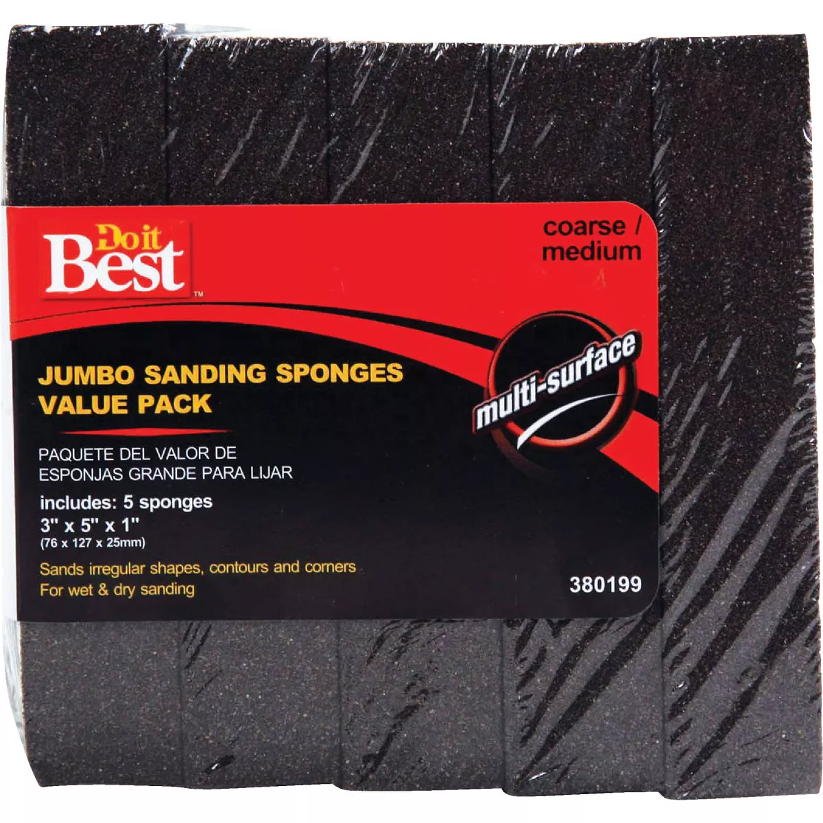 Do it Best Jumbo 3 In. x 5 In. x 1 In. Medium/Coarse Sanding Sponge (5-Pack)