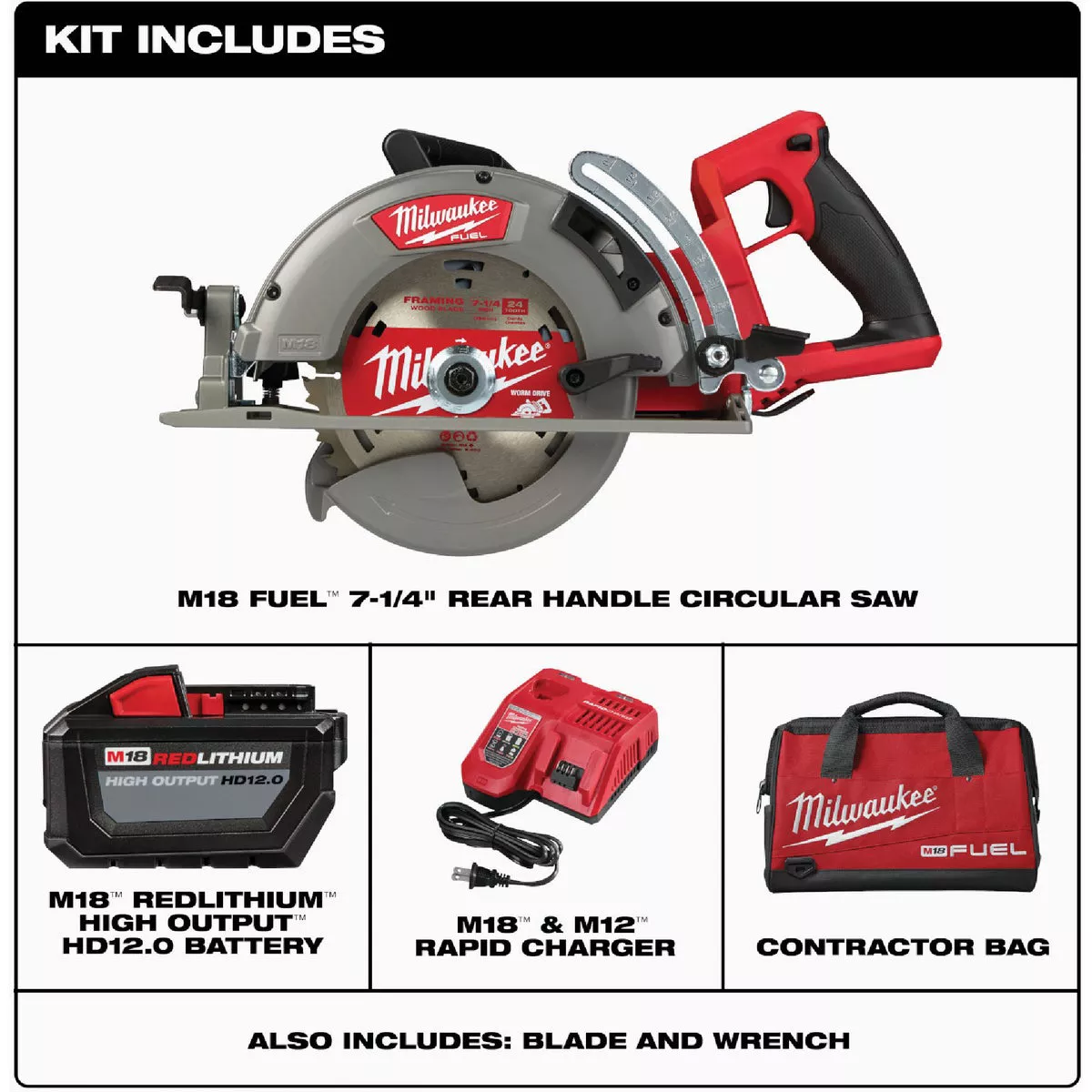 Milwaukee M18 FUEL Brushless 7-1/4 In. Cordless Rear Handle Circular Saw Kit with 12.0 Ah Battery & Charger - photo 3