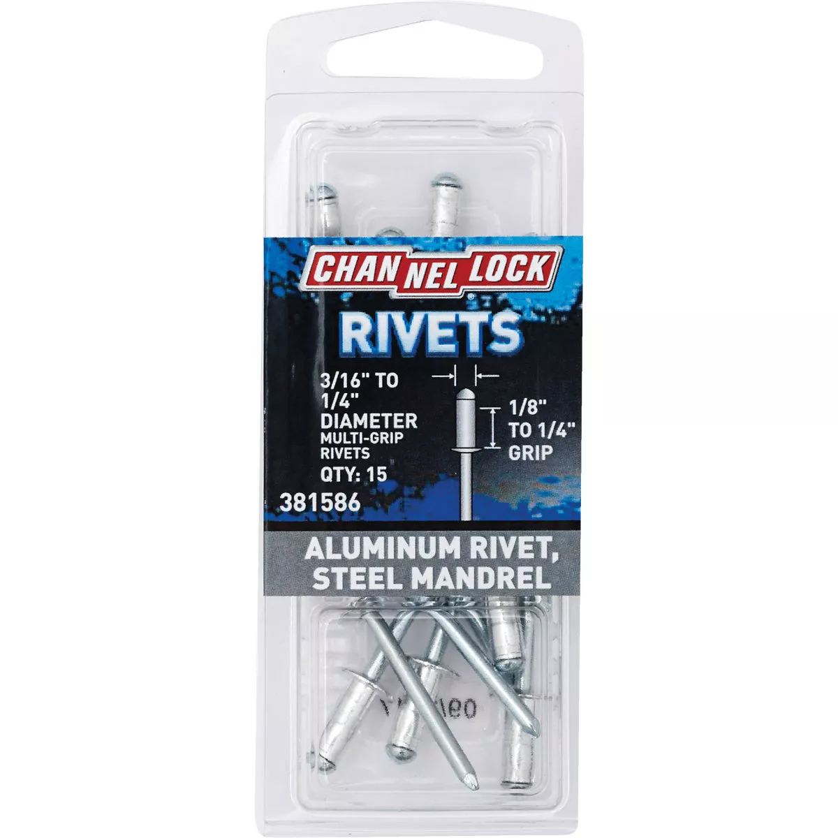 Channellock 3/16 In. to 1/4 In. Dia. x 0.063 In. to 0.250 In. Grip Aluminum Multigrip POP Rivet (15-Pack)