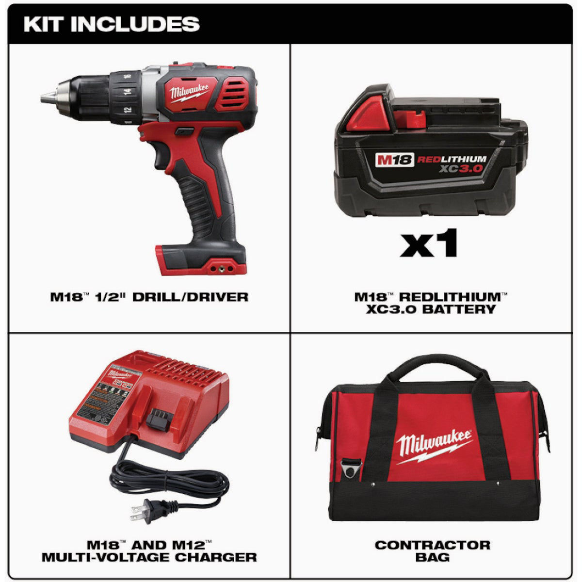 Milwaukee M18 1/2 In. Compact Cordless Drill/Driver Kit with (2) 1.5 Ah ...