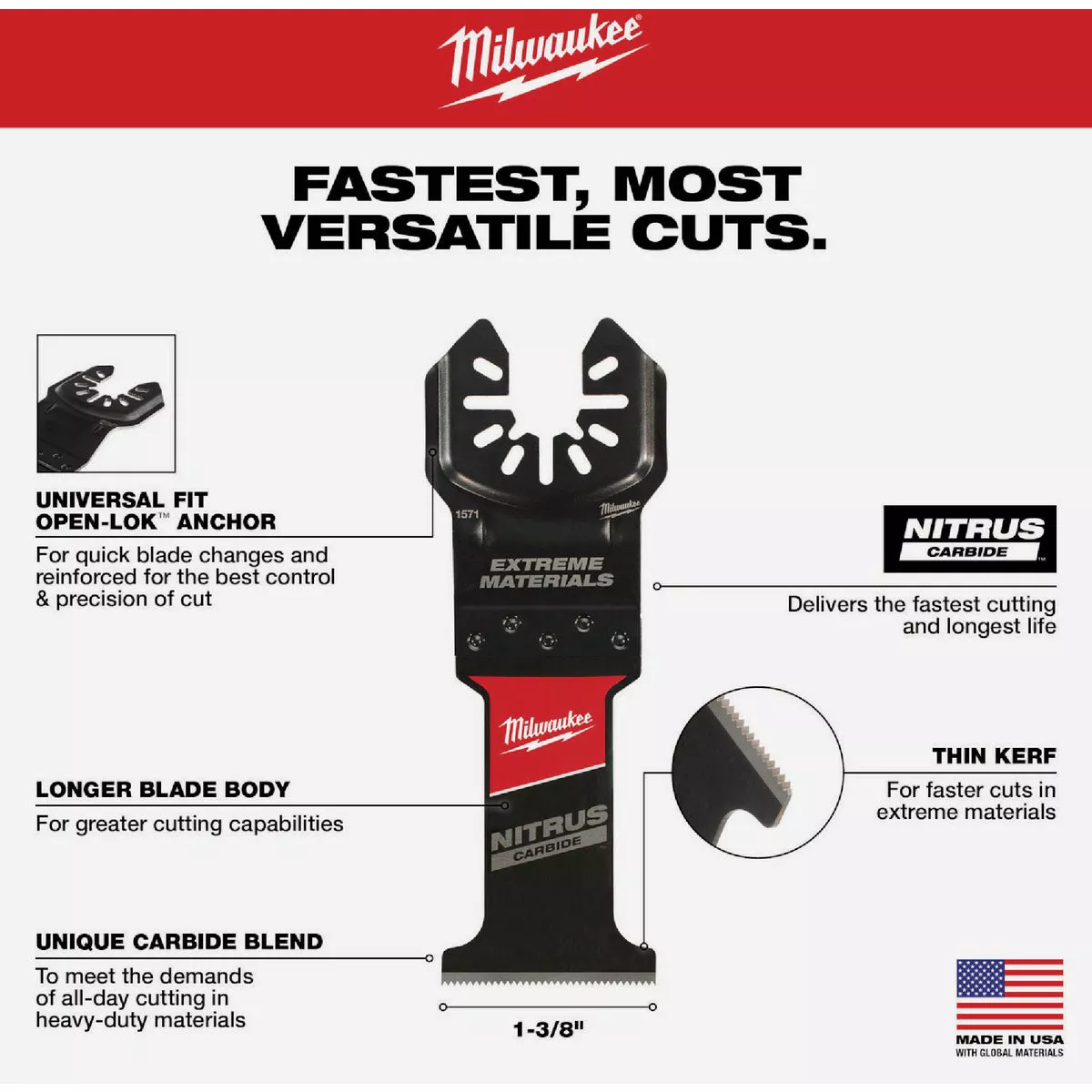 Milwaukee NITRUS CARBIDE 1-3/8 In. Extreme Materials Universal Fit OPEN-LOK Oscillating Blade (10-Pack) - photo 3