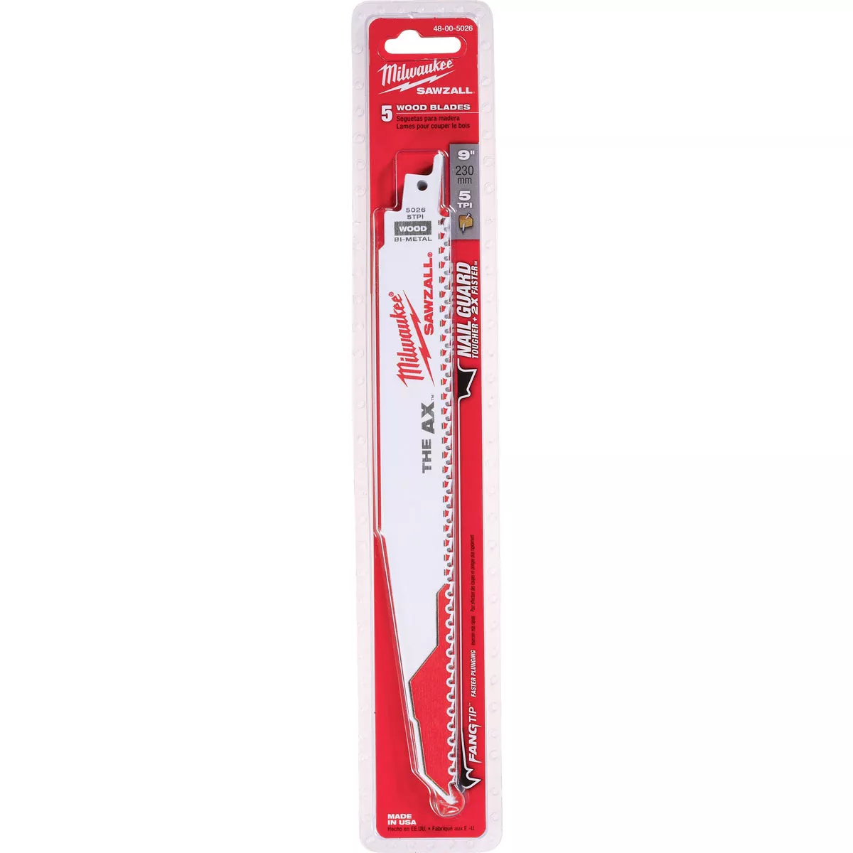 Milwaukee SAWZALL The AX 9 In. 5 TPI Wood with Nails Demolition Reciprocating Saw Blade (5-Pack) - photo 2