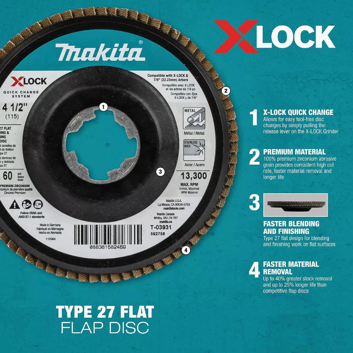 Makita X-LOCK 4-1/2 In. x 7/8 In. 120-Grit Type 27 Zirconia Angle Grinder Flap Disc - photo 4