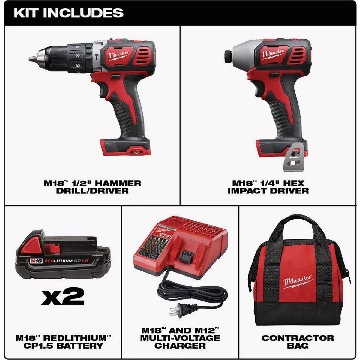 Milwaukee M18 2-Tool Cordless Compact Hammer Drill & Compact Impact Driver Combo Kit with (2) 1.5 Ah Batteries & Charger - photo 2