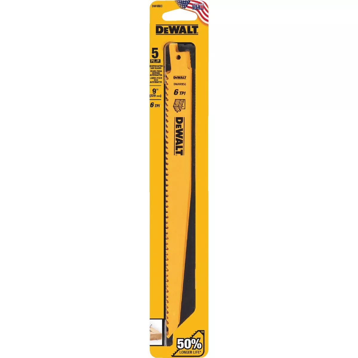 DEWALT 9 In. 6 TPI Taper Back Bi-Metal Reciprocating Saw Blade (5-Pack)