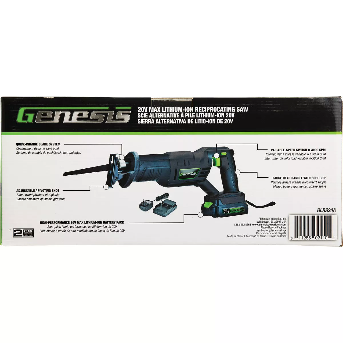 Genesis 20V Cordless Reciprocating Saw Kit with 2.0 Ah Battery & Charger - photo 4