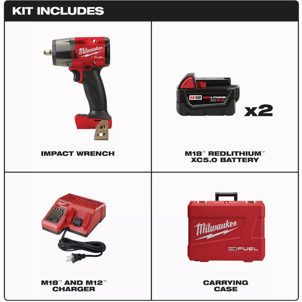 Milwaukee M18 FUEL Brushless 3/8 In. Mid-Torque Cordless Impact Wrench Kit with Friction Ring with (2) 5.0 Ah Batteries & Charger - photo 2