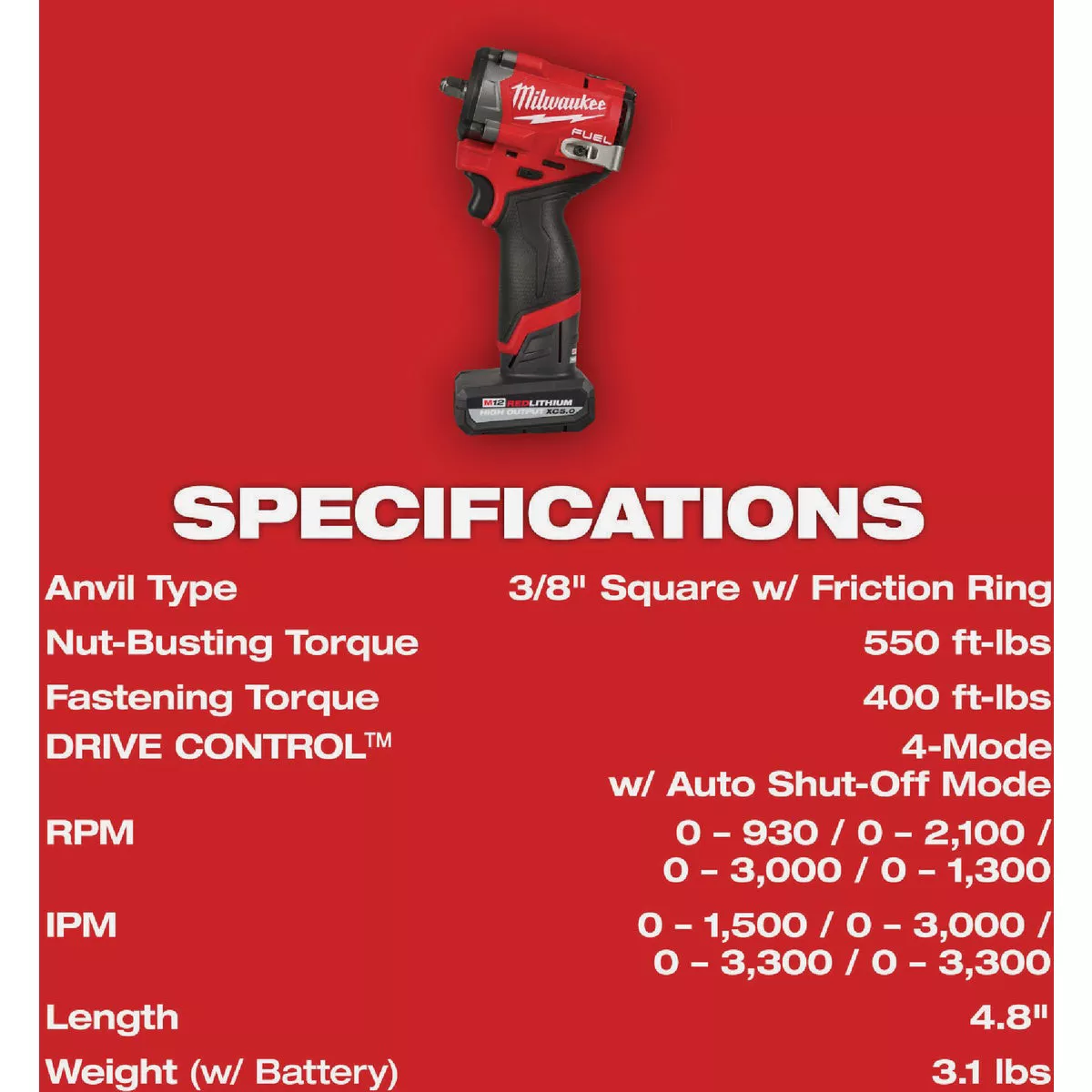 Milwaukee M12 FUEL Brushless 3/8 In. Stubby Cordless Impact Wrench Kit with 5.0 Ah & 2.5 Ah Batteries & Charger - photo 4