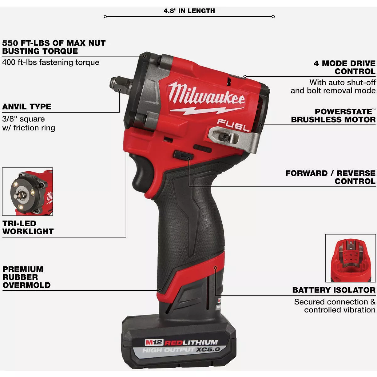 Milwaukee M12 FUEL Brushless 3/8 In. Stubby Cordless Impact Wrench Kit with 5.0 Ah & 2.5 Ah Batteries & Charger - photo 6