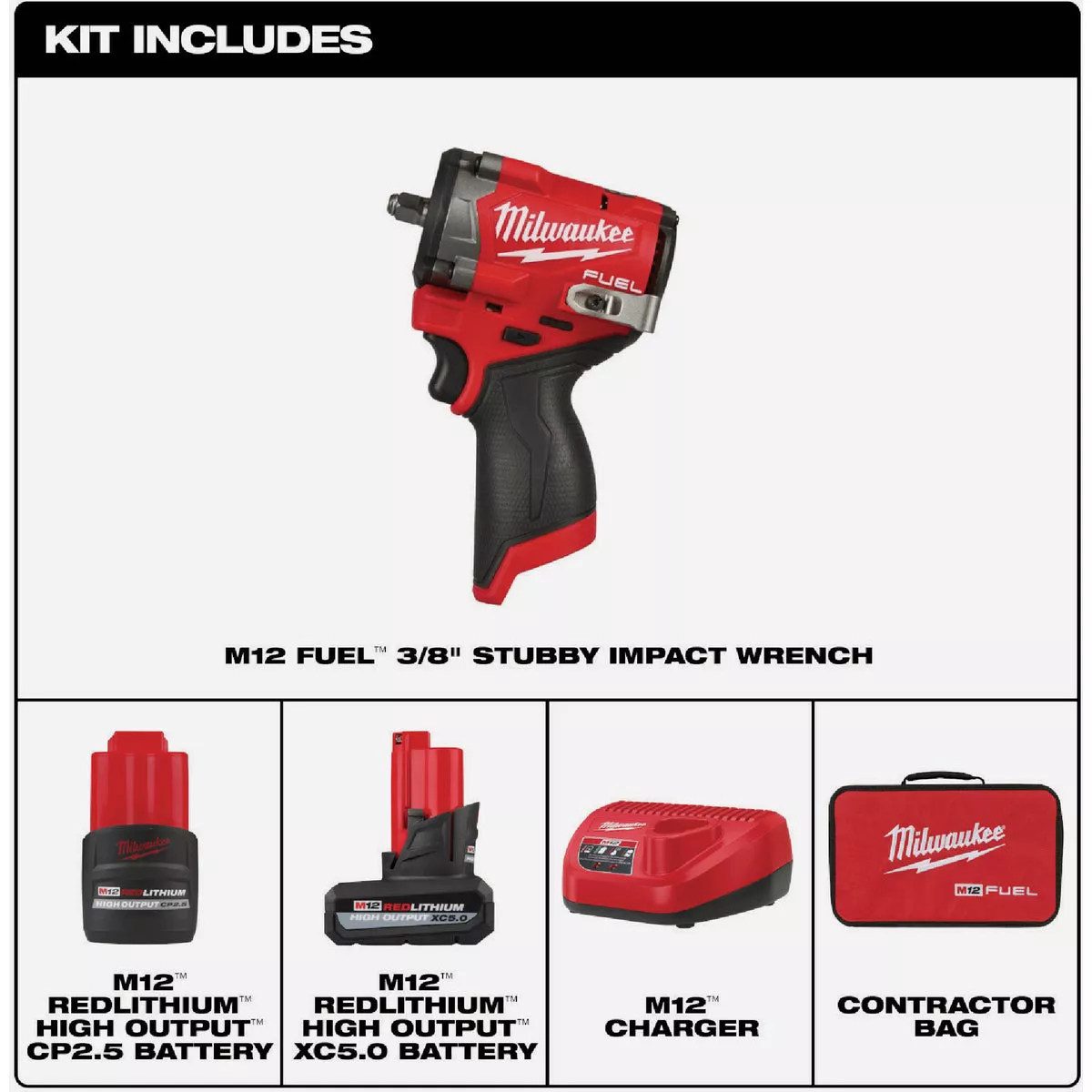 Milwaukee M12 FUEL Brushless 3/8 In. Stubby Cordless Impact Wrench Kit with 5.0 Ah & 2.5 Ah Batteries & Charger - photo 2