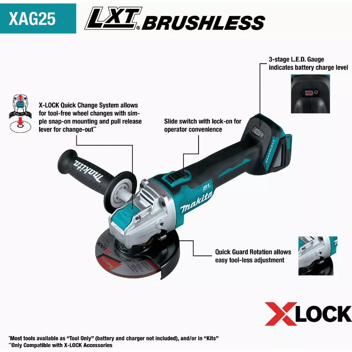 Makita 18V LXT Lithium-Ion 4-1/2 In. - 5 In. Brushless X-LOCK Cordless Angle Grinder (Tool Only) - photo 2