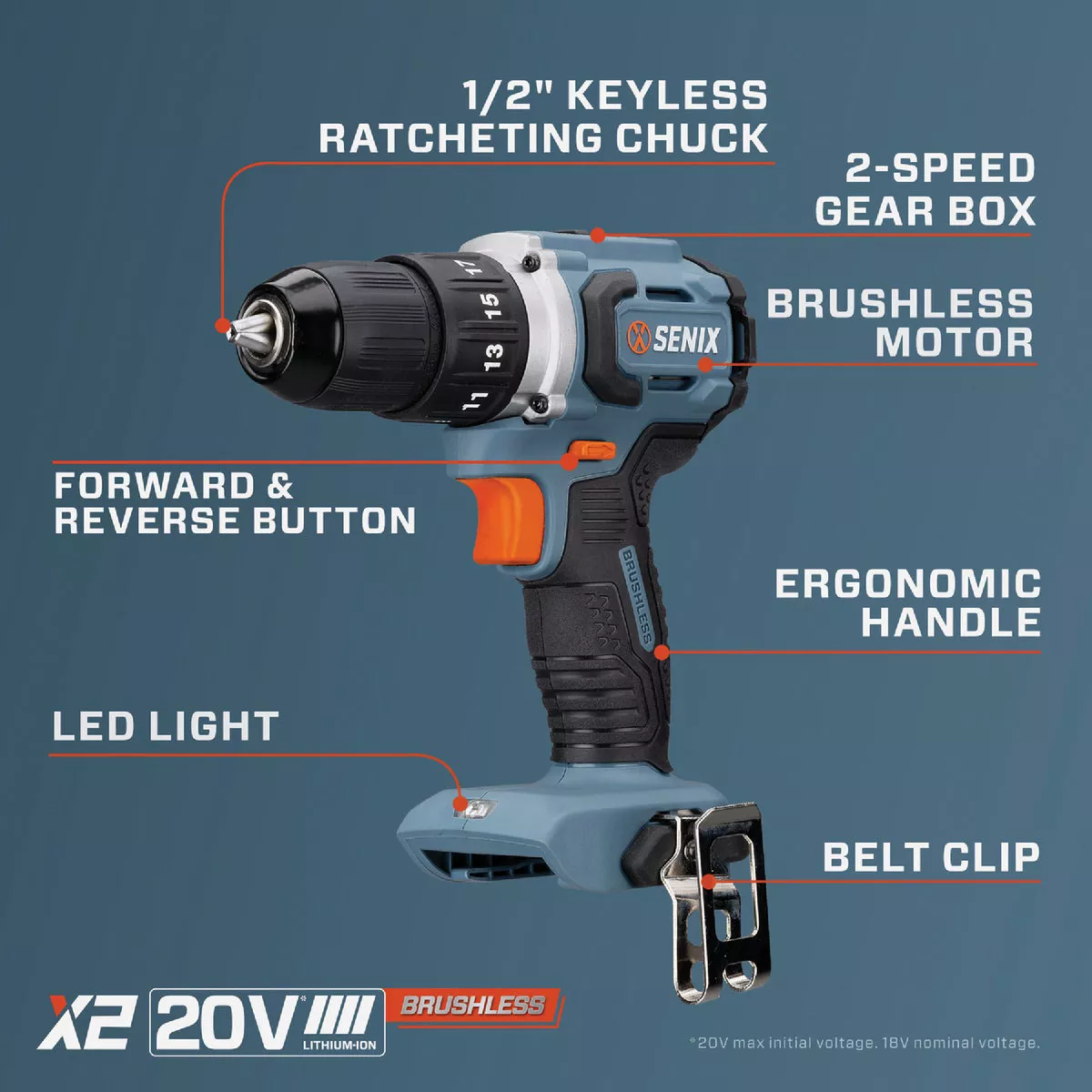 Senix X2 20 Volt Max Brushless 1/2 In. Cordless Drill/Driver Kit with 2.0 Ah Battery & Charger - photo 9