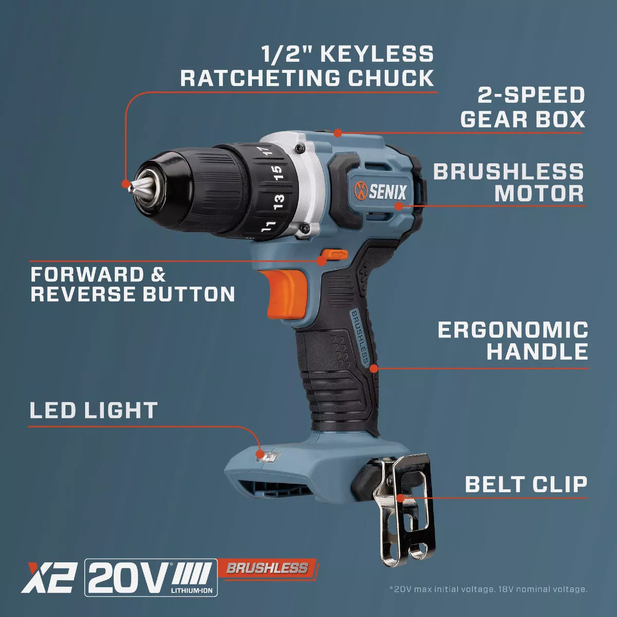 Senix X2 20 Volt Max Brushless 1/2 In. Cordless Drill/Driver Kit with 2.0 Ah Battery & Charger - photo 2