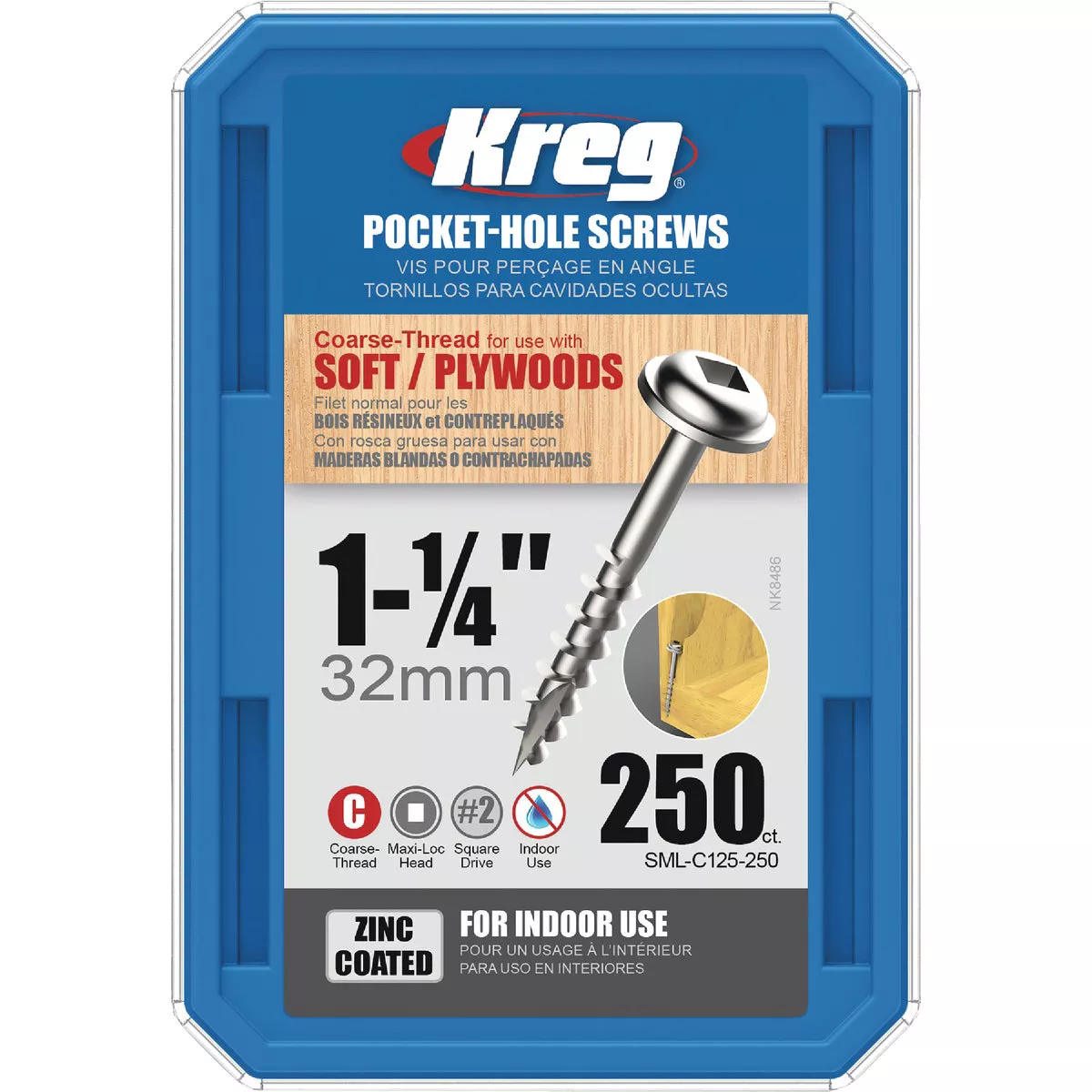Kreg #8 x 1-1/4 In. Square Coarse Thread Maxi-Loc Head Zinc Pocket-Hole Screw (250 Ct.)
