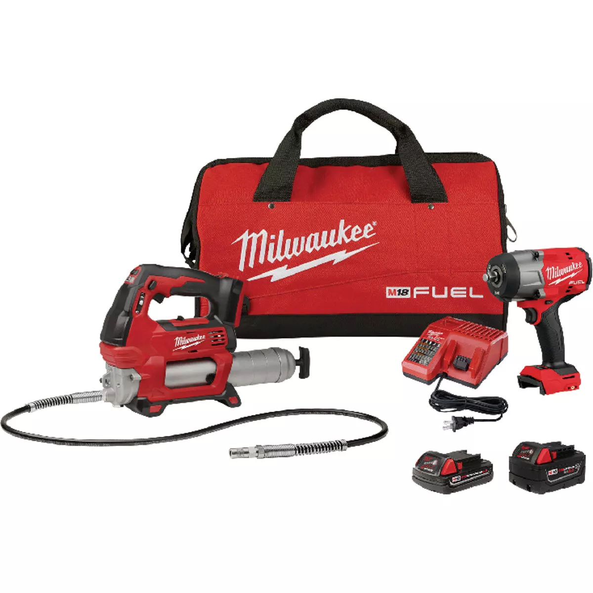 Milwaukee M18 FUEL 2-Tool Brushless Cordless High Torque Impact Wrench & Grease Gun Combo Kit with (1) 5.0 Ah Battery, (1) 2.0 Ah Battery & Charger
