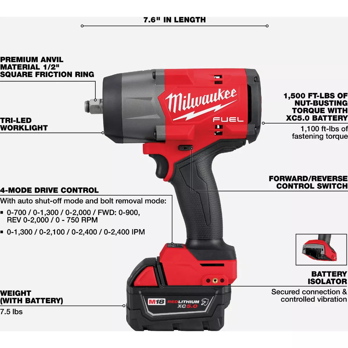 Milwaukee M18 FUEL 2-Tool Brushless Cordless High Torque Impact Wrench & Grease Gun Combo Kit with (1) 5.0 Ah Battery, (1) 2.0 Ah Battery & Charger - photo 3