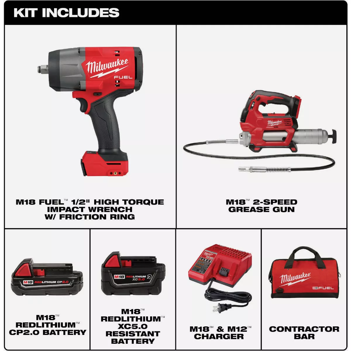 Milwaukee M18 FUEL 2-Tool Brushless Cordless High Torque Impact Wrench & Grease Gun Combo Kit with (1) 5.0 Ah Battery, (1) 2.0 Ah Battery & Charger - photo 2