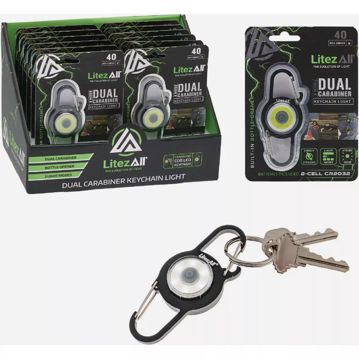 LitezAll Promier Products Black COB LED Carabiner Keychain
