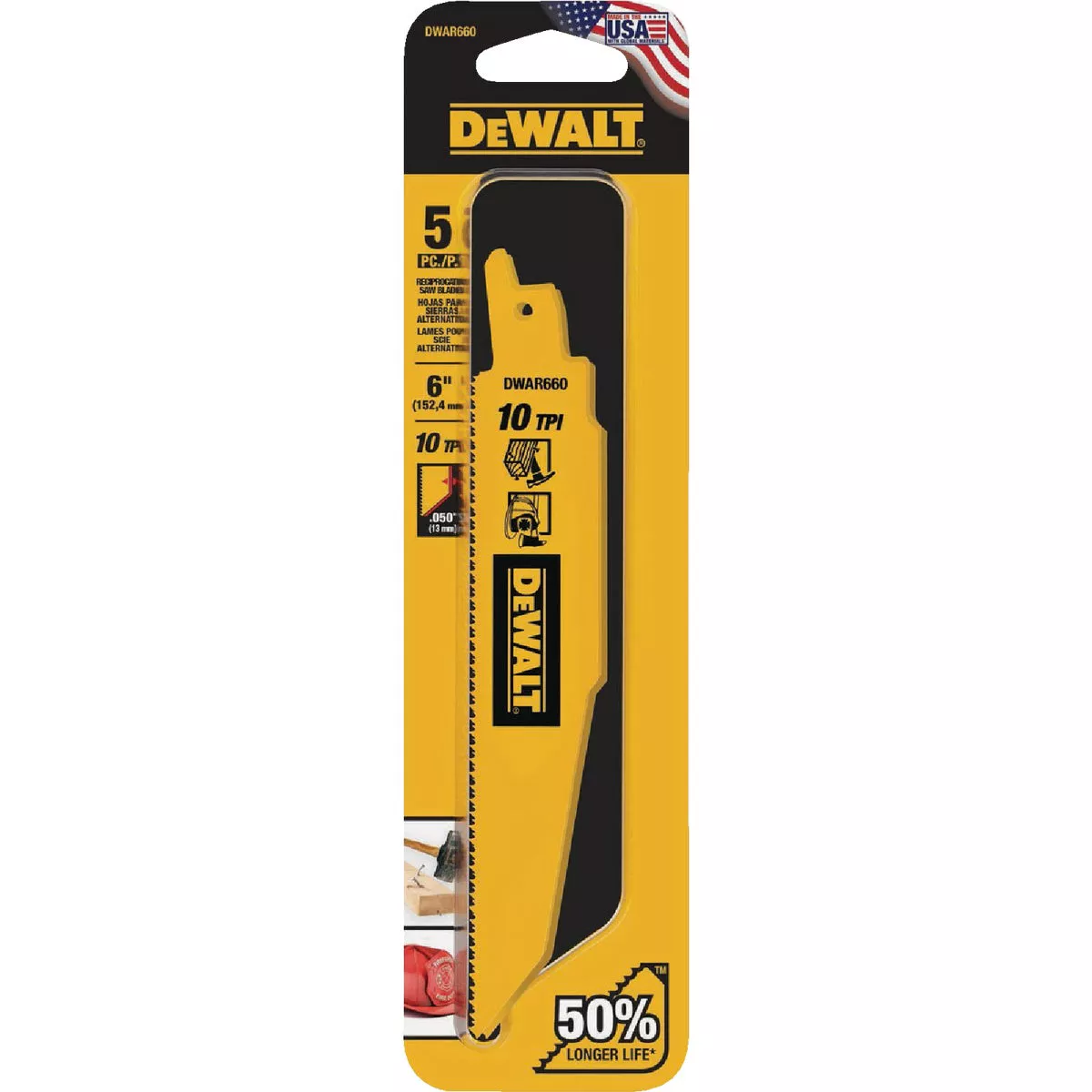 DEWALT 6 In. 10 TPI Demolition Bi-Metal Reciprocating Saw Blade (5-Pack) - photo 2