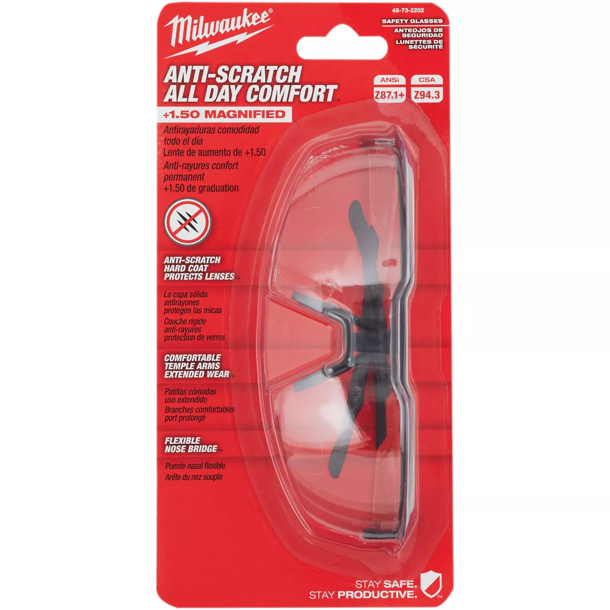 Milwaukee Red & Black Frame Safety Glasses with +1.50 Magnified Clear Anti-Scratch Lenses - photo 2