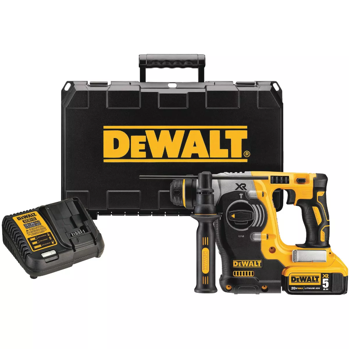 DEWALT 20V MAX XR Brushless 1 In. SDS-Plus L-Shape Cordless Rotary Hammer Kit with (2) 5.0 Ah Battery & Charger
