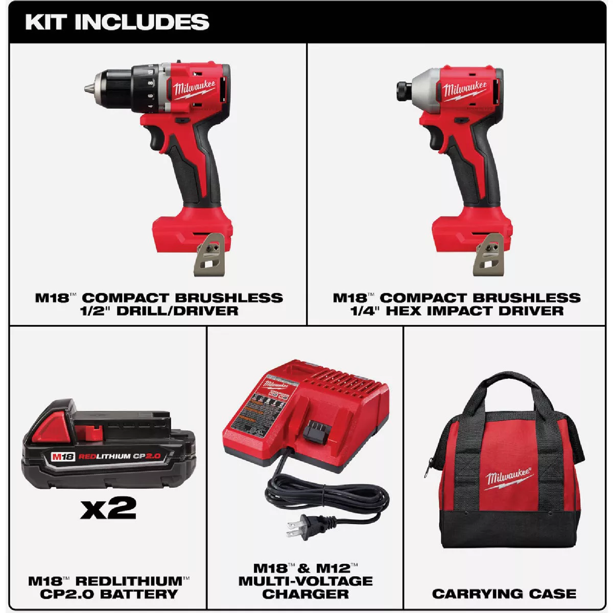 Milwaukee M18 2-Tool Brushless Cordless Compact Drill/Driver & Compact Impact Driver Combo Kit with (2) 2.0 Ah Batteries & Charger - photo 2