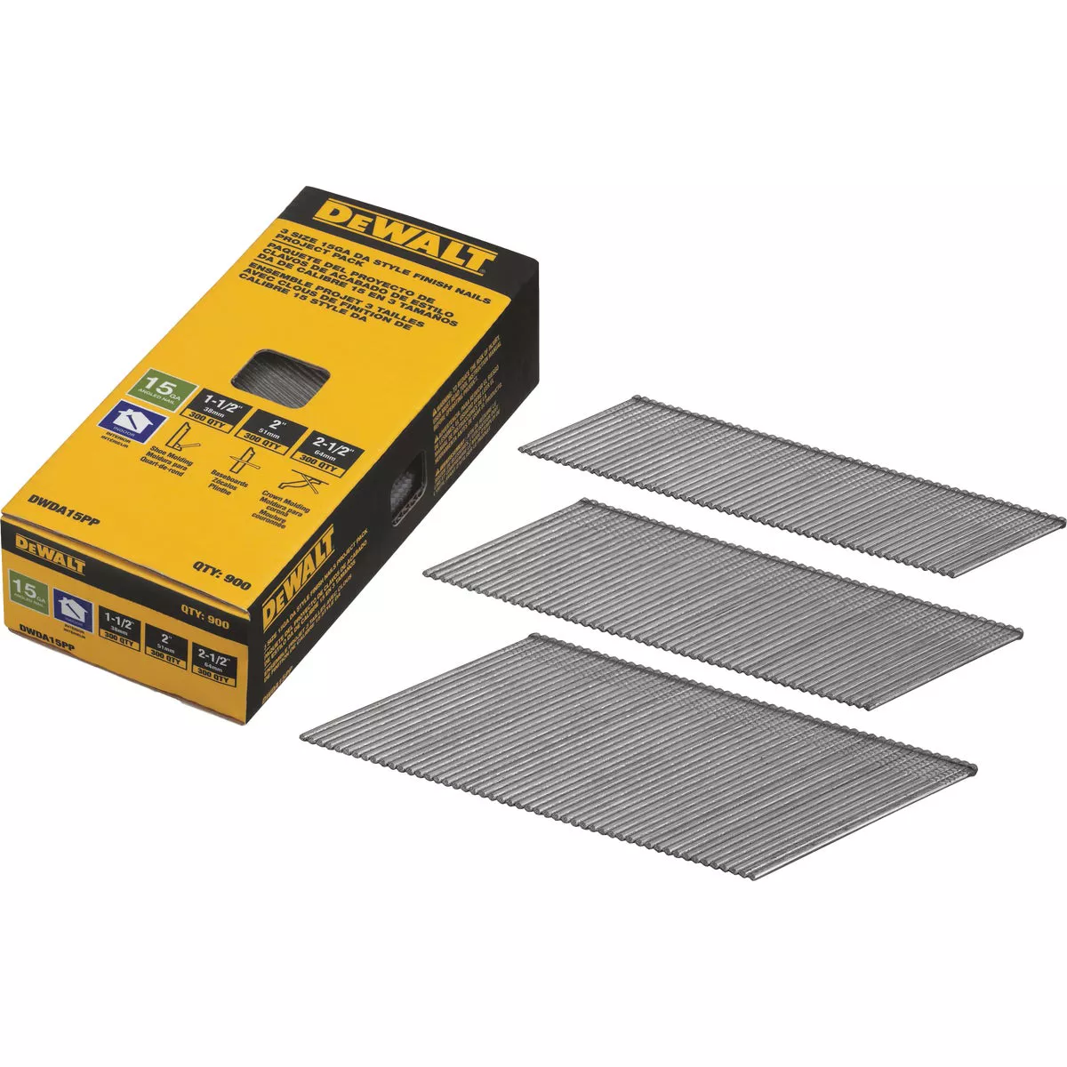 DEWALT 15-Gauge Bright DA-Style Angled Finish Nail Project Pack, 1-1/2 In., 2 In., 2-1/2 In. (900 Ct.)