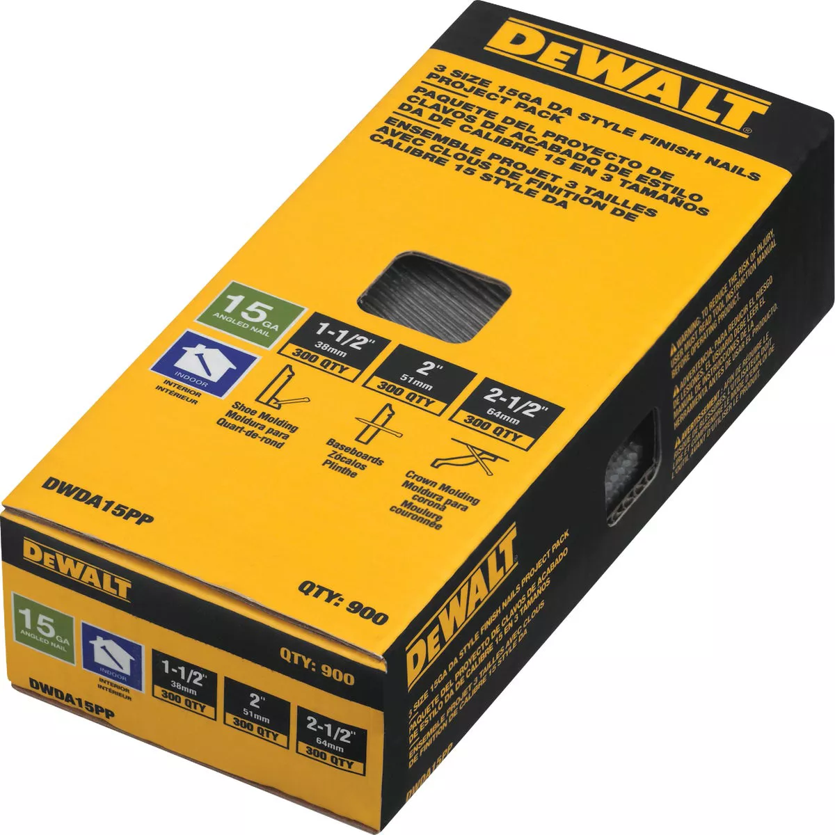 DEWALT 15-Gauge Bright DA-Style Angled Finish Nail Project Pack, 1-1/2 In., 2 In., 2-1/2 In. (900 Ct.) - photo 2