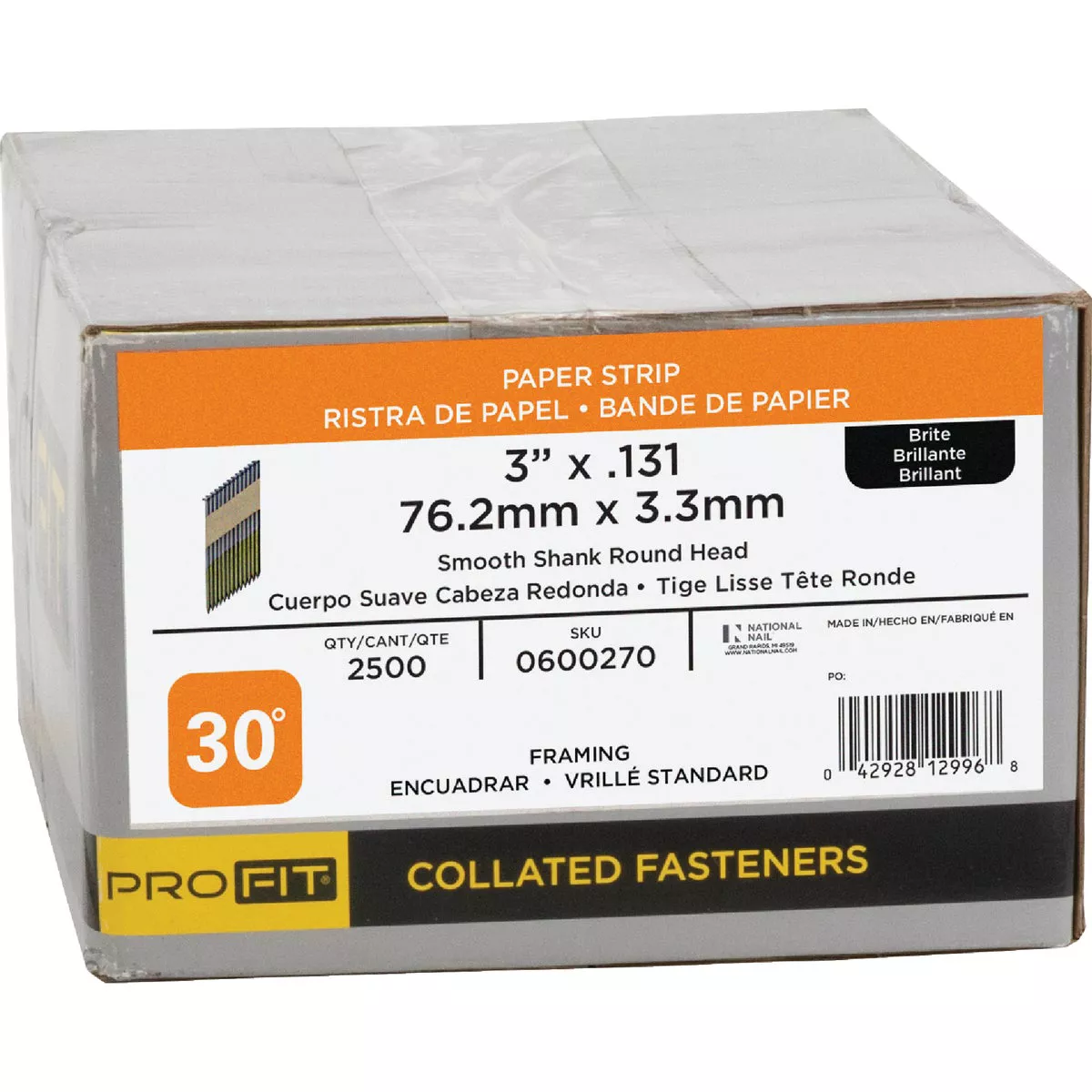 Pro-Fit 3 In. x 0.131 In. 30 Degree Paper Tape Smooth Shank Round Head Brite Framing Stick Nails (2500 Ct.) - photo 2
