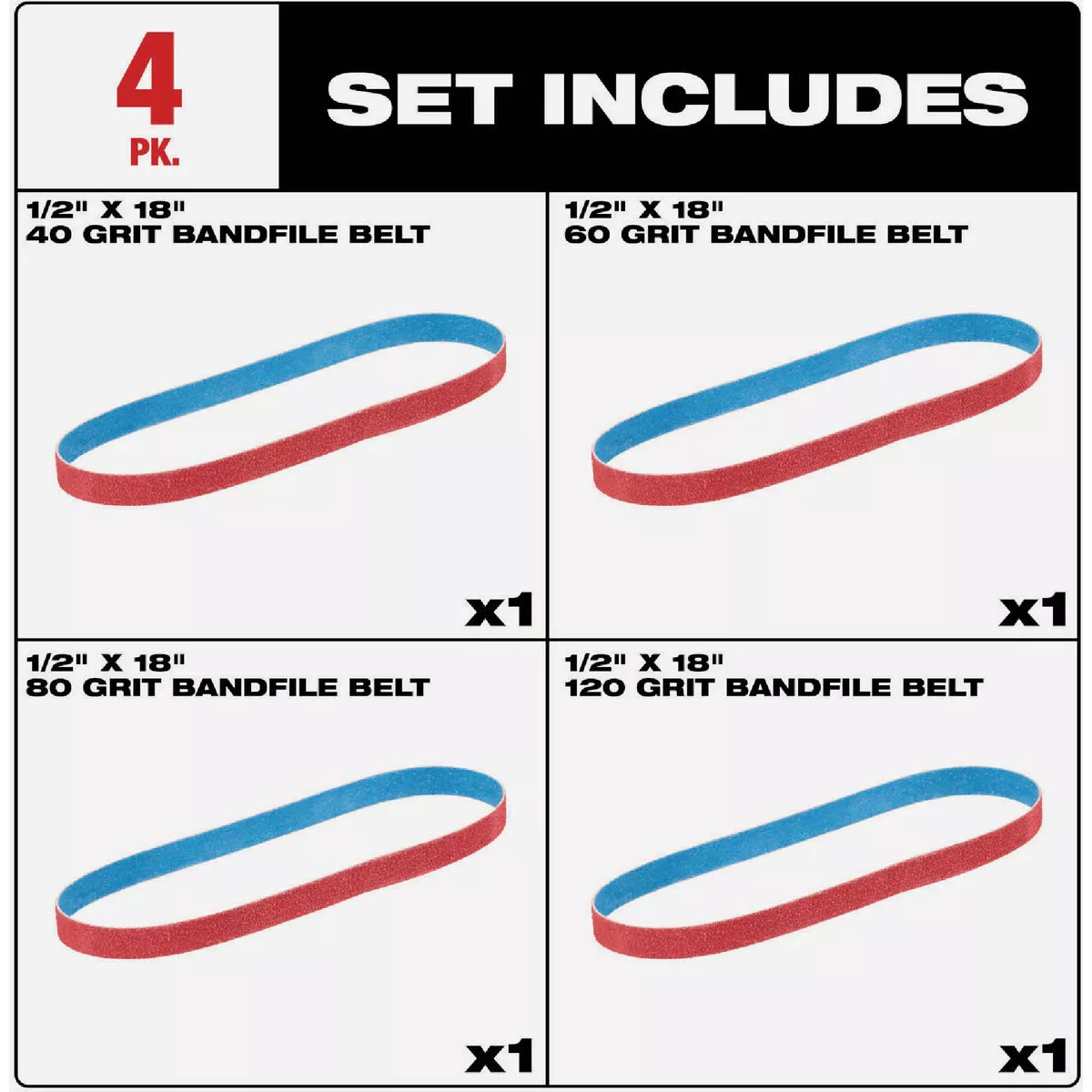 Milwaukee 1/2 In. x 18 In. 40/60/80/120 Grit Bandfile Variety Pack (4-Pack) - photo 2