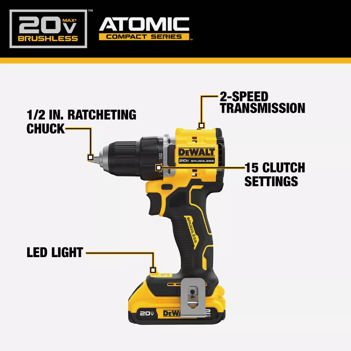 DEWALT ATOMIC 20V MAX Brushless 1/2 In. Compact Cordless Drill/Driver Kit with 2.0 Ah Battery & Charger - photo 3