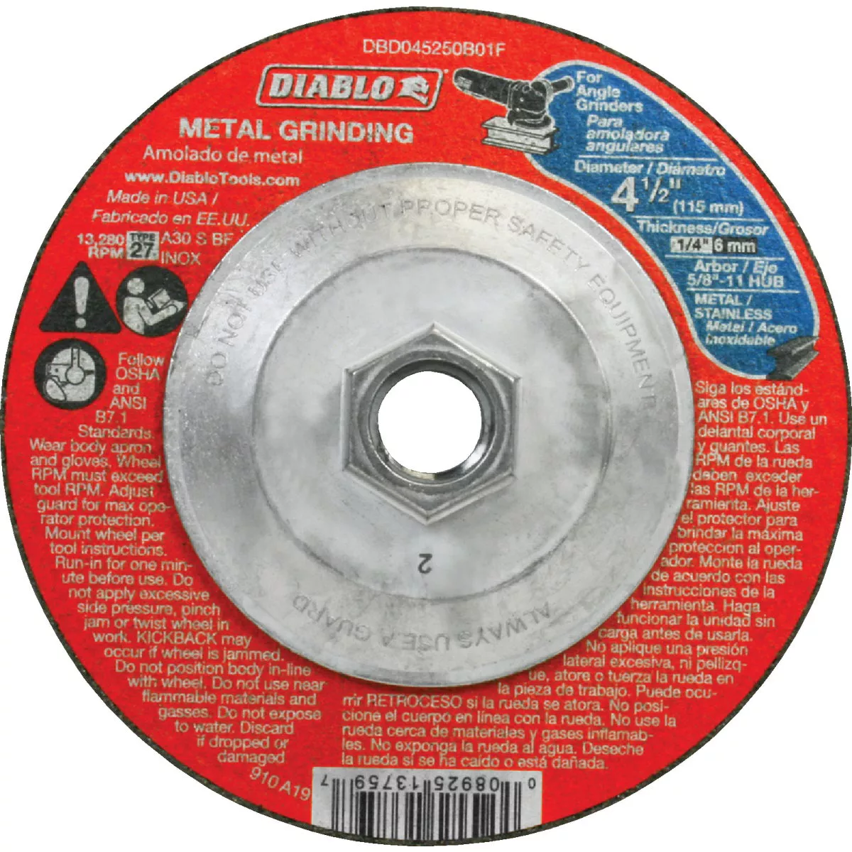 Diablo Type 27 4-1/2 In. x 1/4 In. x 5/8 In.-11 Hub Metal/Stainless Cut-Off Wheel