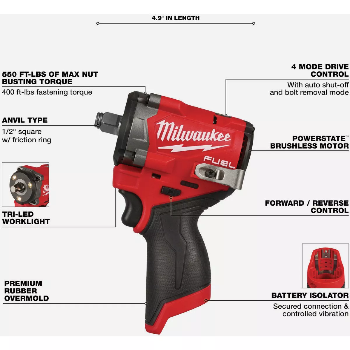 Milwaukee M12 FUEL Brushless 1/2 In. Stubby Cordless Impact Wrench (Tool Only) - photo 3