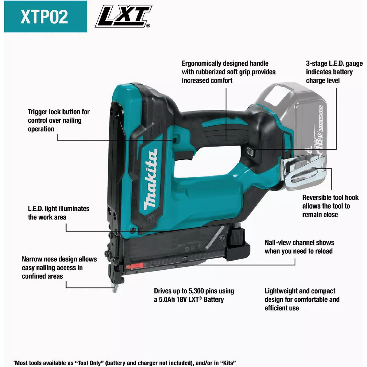 Makita 18-Volt LXT Lithium-Ion 23-Gauge Cordless Pin Nailer (Tool Only) - photo 2