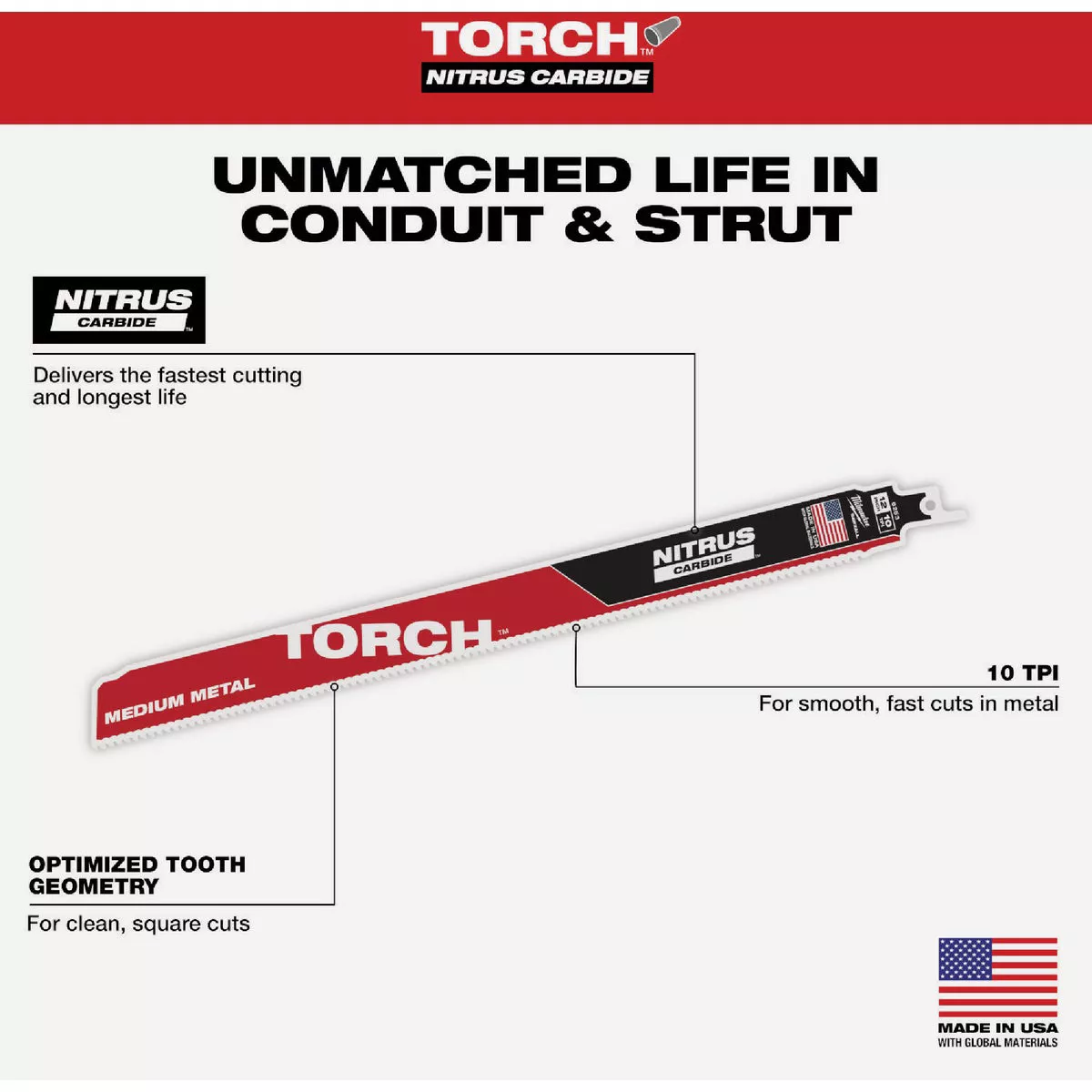 Milwaukee TORCH 12 In. 10 TPI NITRUS Carbide Medium Metal Reciprocating Saw Blade - photo 2