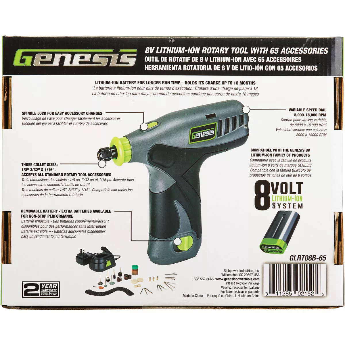 Genesis 8V Variable Speed Cordless Rotary Tool Kit with (65) Accessories - photo 3
