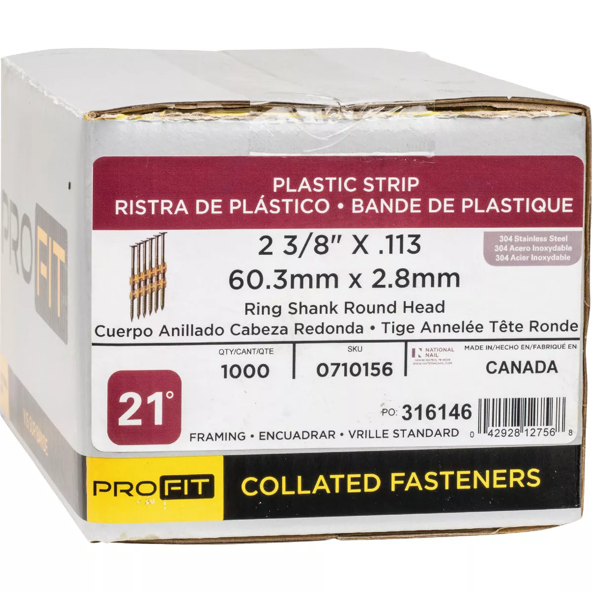 Pro-Fit 2-3/8 In. x 0.113 In. 21 Degree Plastic Strip Ring Shank Round Head Stainles Steel Framing Stick Nails (1000 Ct.) - photo 2