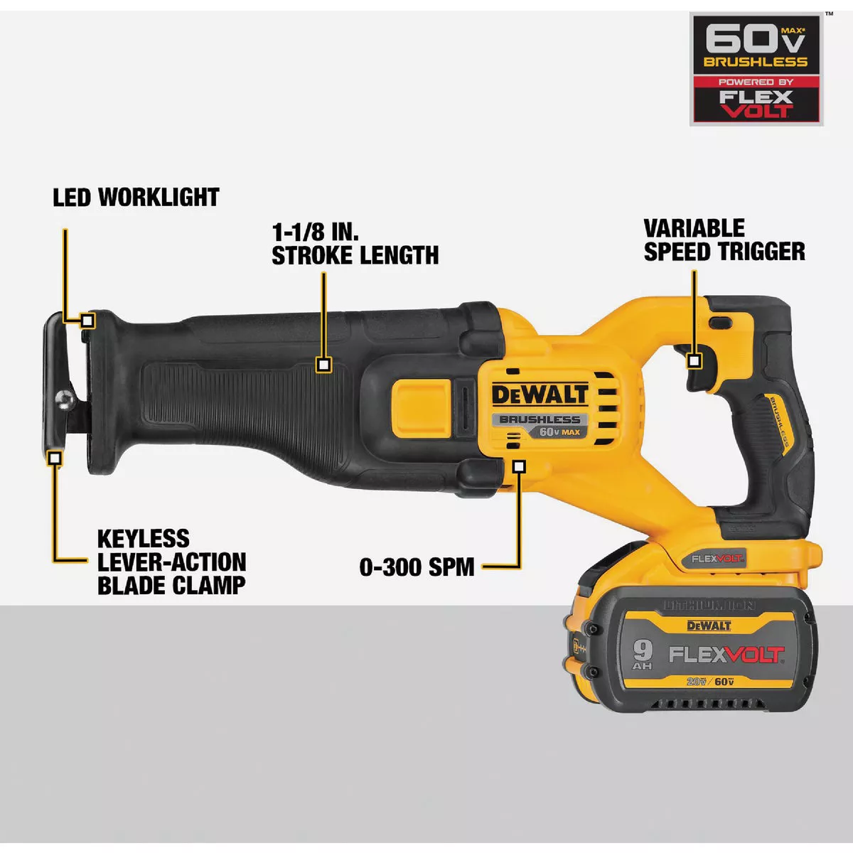 DEWALT FLEXVOLT 60V MAX Brushless Cordless Reciprocating Saw Kit with 9.0 Ah Battery & Charger - photo 2