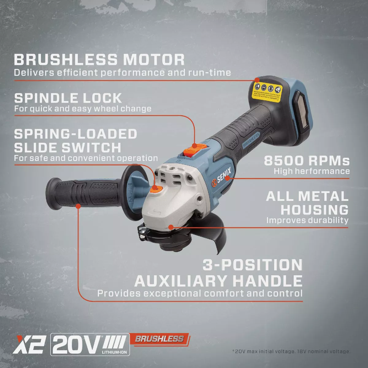 Senix X2 20 Volt Max Brushless 4-1/2 In. Cordless Angle Grinder (Tool Only) - photo 2