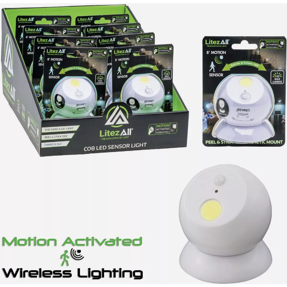 LitezAll Promier Products 150 Lm. Sensor Ball Motion Activated COB LED Ball Light