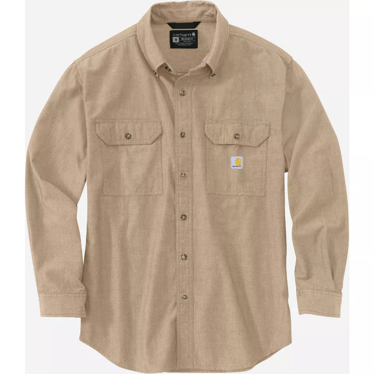 Carhartt Men's XL Tall Dark Tan Chambray Long Sleeve Midweight Button Down Shirt, Loose Fit