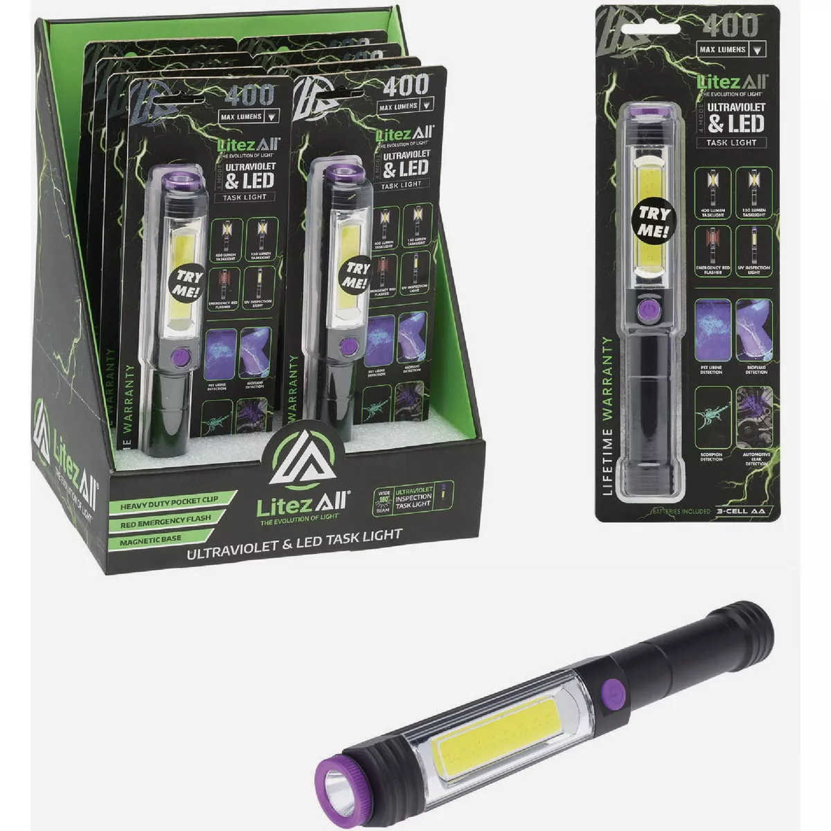 LitezAll Promier Products 400 Lm. LED Task Light with UV Flashlight-
