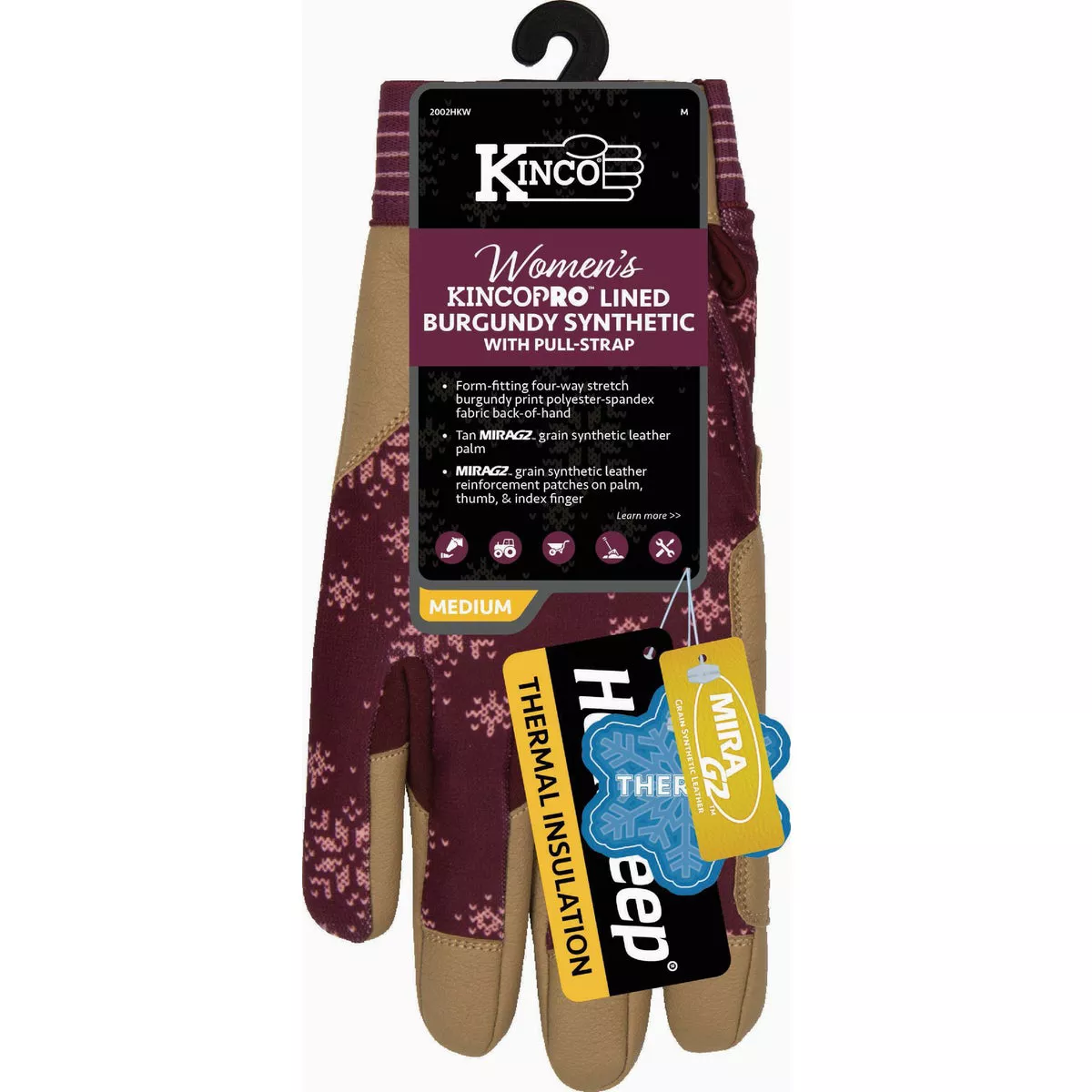 KincoPro Women's Small Lined Burgundy Synthetic Glove with Pull-Strap